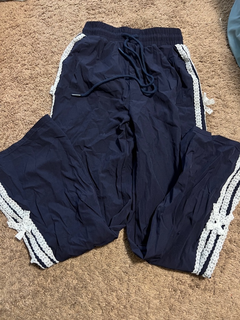 Navy Lounge Pants with White Crochet Side Stripes